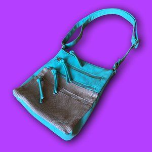 2000s blue turquoise burlap and faux leather purse